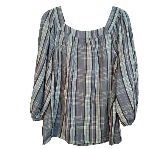 Lauren Conrad Sz L Plaid Square Neck Blouse Long Sleeve Lightweight Blouse - Picture 8 of 12