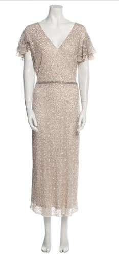 Mac Duggal Size: 16 Pink Beaded Midi Dress Ruffle Sleeve MOB Garden V-Neck **** - Picture 3 of 10