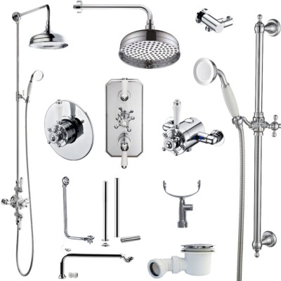 Chrom traditionelle Duscharmatur, Ventil, Arm, Kopf & Mobilteile