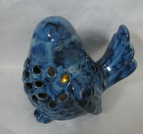 BLUE MARBLE BLUE BIRD CUT-OUT CERAMIC TEA LIGHT CANDLE HOLDER LANTERN - Picture 8 of 9