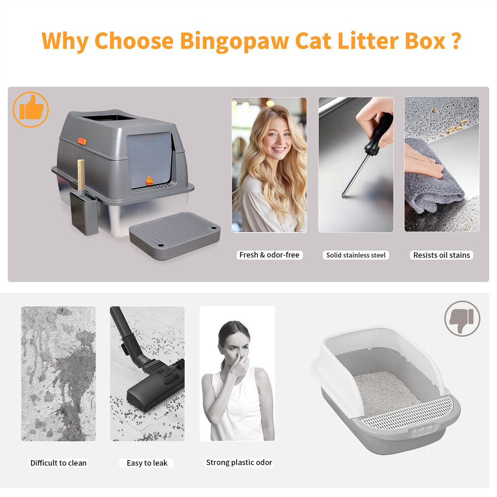 Large Stainless Steel Cat Litter Box Anti-Leakage Easy Cleaning Litter Pan w/Lid