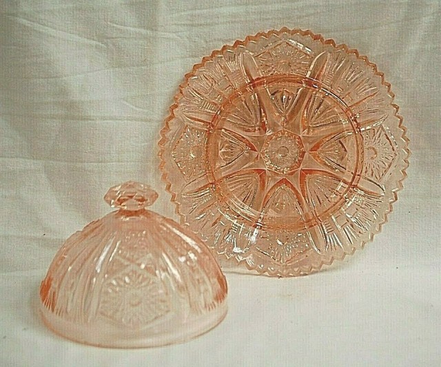 pink depression glass butter dish with lid