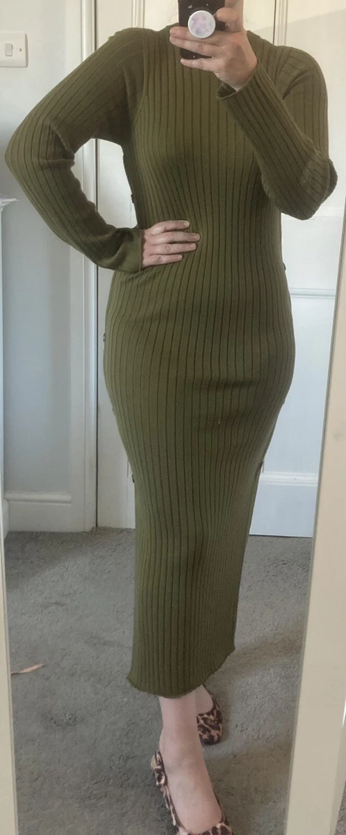 MARKS SPENCER AUTOGRAPH MERINO WOOL RIBBED MIDAXI MAXI JUMPER DRESS 14 KHAKI