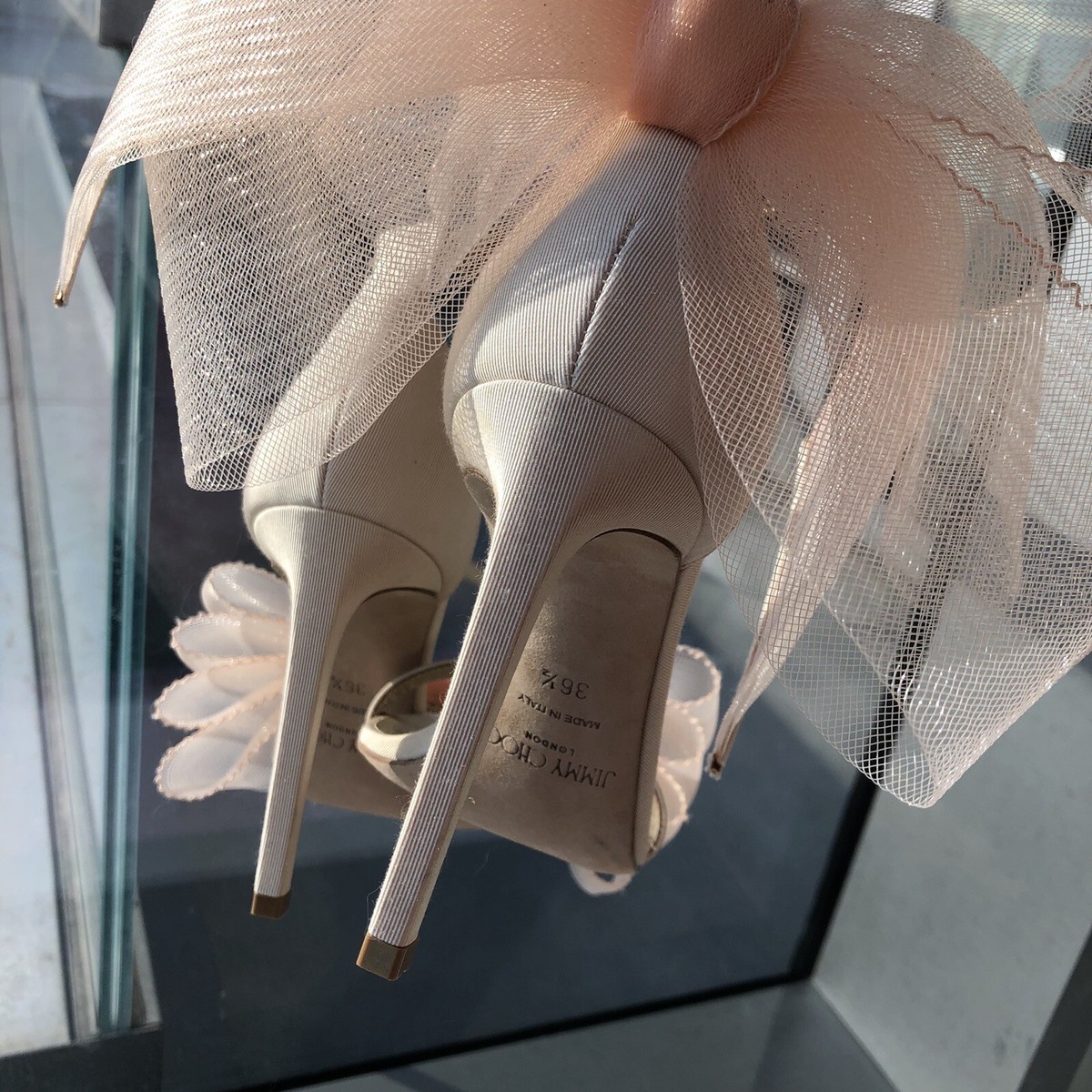 JIMMY CHOO Aveline 100 Asymmetric Grosgrain Mesh Bow Nude Sandals