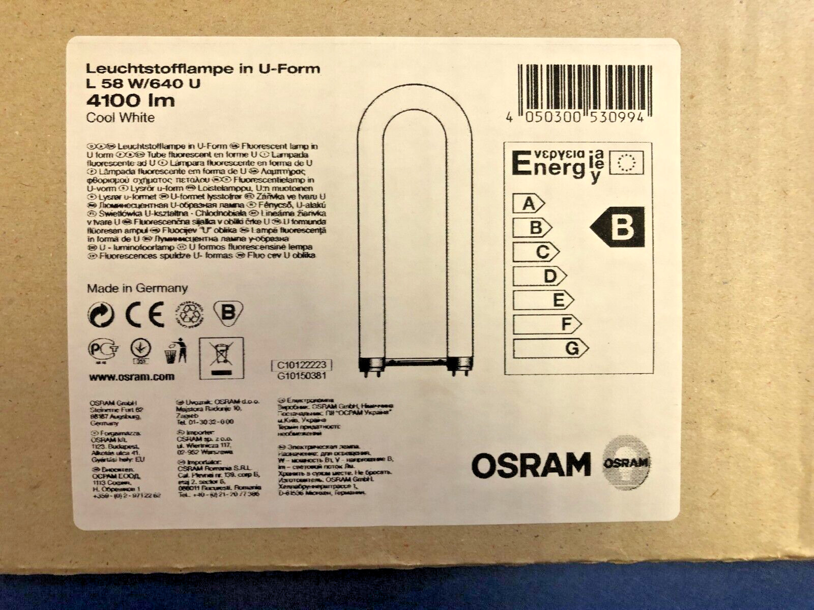 OSRAM LUMILUX Fluorescent Lamp L-58W/640 U-Shape Length 765mm T8 COOL WHITE