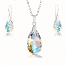 Fashion Shiny Water Drop Jewelry Set Pendant Necklace Earrings Set Women Gift
