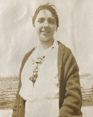 1910s Young Woman Wearing Dress & Sweater Jacket Farm Wood Fence Photo P14L22