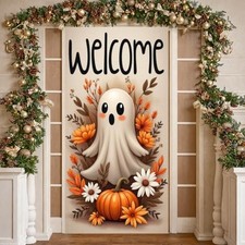 Cute Ghost Welcome Fall Door Cover Pumpkin Halloween Door Banner Decor
