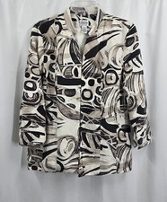 Chico's Linen Silk Blend Printed Jacket 2 US M Tan Beige Black 3/4 Sleeve