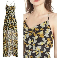 4SI3NNA sz L Black Floral Print Spaghetti Strap Cowl Neck Maxi Dress