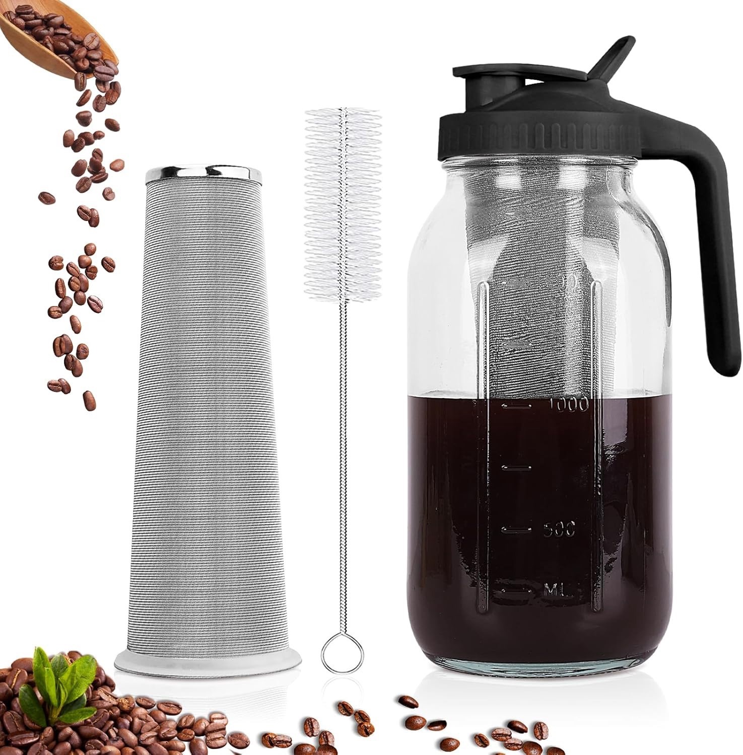 64oz Cold Brew Coffee Maker Pitcher Heavy Duty Glass Mason Jar with Spout Lid