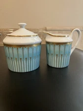 Limoge Philippe Deshoulieres Arcades Blue & Gold Creamer & Sugar Bowl Set, New