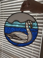 Handmade Stained Glass Swan Sun Catcher Round Panel Blue White Glass 8  
