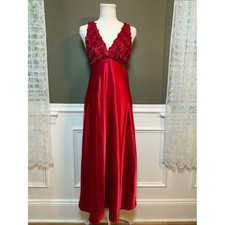 Vintage Flora Red Satin Maxi Slip Dress Rosette Bust S