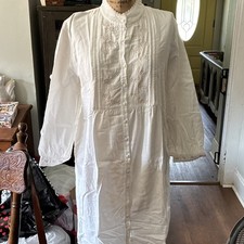 Women  s XL Cotton Woven White Solid Nightgown Button Front Collared Lace Pleats