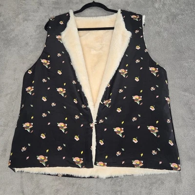 Matilda Jane Reversible Faux Fur Vest Floral Print Black Cream XL 28663T - Image 1 of 4