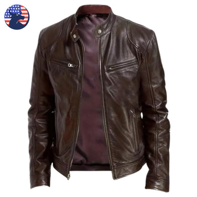 Men's Genuine Brown Soft Cowhide Leather Jacket Cafe Racer Biker Motorcycle