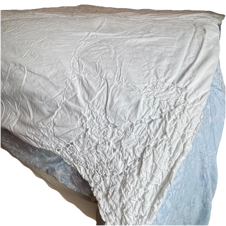 Funda nórdica vintage de algodón blanco con textura medallón encaje 77x84 Shabby Cottage Foto 4 de 4