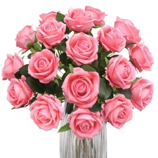 Fake Roses Artificial Silk Flowers - 12 Pcs Pink Roses Artificial Faux Flower...