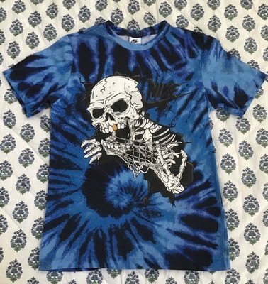 NIKE Sportswear Men's Blue Size S Tie Dye Skull BKB Shirt Gold Tooth Skeleton