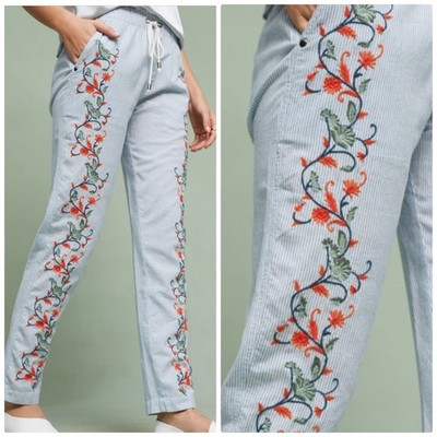 Anthrpologie Eze Sur Mer Blue Petaled Embroidered Striped Pants Size XS NEW $118