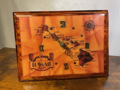 Hawaii  Map Vintage Wood Frame Clock with Maui Kauai Molokai Handmade