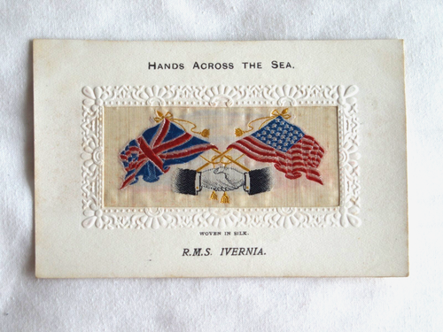STEVENGRAPH WOVEN SILK STEAMSHIP "HANDS ACROSS SEA" POSTCARD; "RMS IVERNIA"