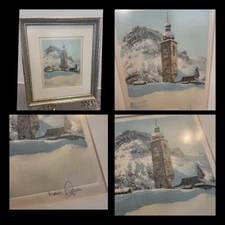 Hans Figura Original Etching on Silk Bavia Church In Winter Matted Framed 