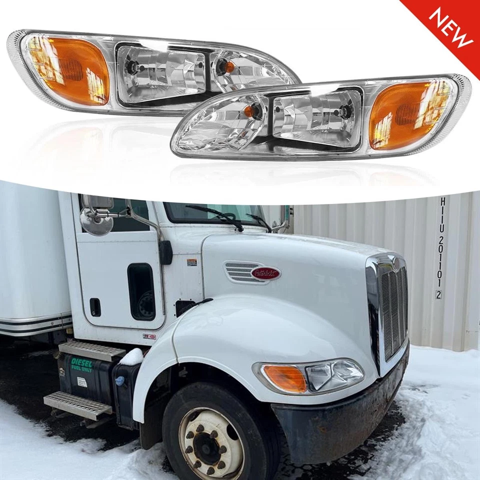 Pair Headlights for Peterbilt 387 325 330 335 337 340 Headlamp w/ Bulbs Chrome Foto 2 de 4
