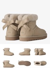 NIB UGG Mini Bailey Bow II Rocky Oak Suede Fur Boots Womens Size 9 US NWOB