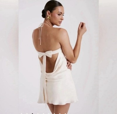 NWT Meshki Atlas Ivory Satin Bow Mini Dress Womens Size L