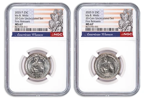 2025 P & D Ida B. Wells Quarter Set from 20-Coin Uncirculated Mint Set NGC MS67
