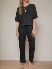 Womens Pajama Sets Waffle Knit Short Sleeve Top Long Pants Sleepwear Lounge Set