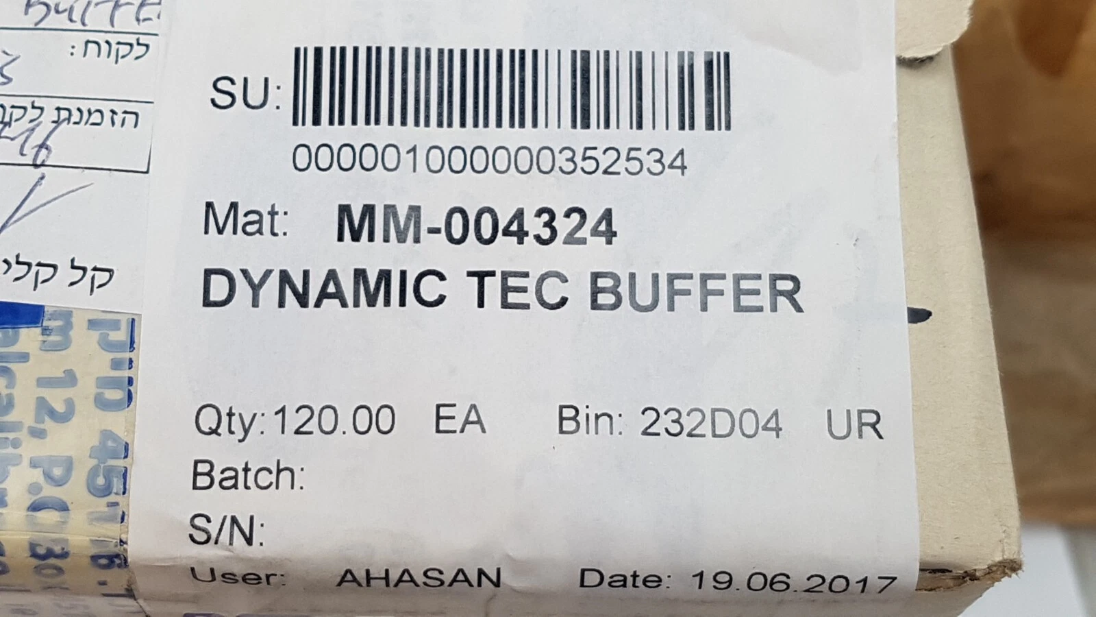 Lumenis material label reading MM-004324 DYNAMIC TEC BUFFER