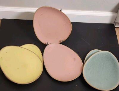 6 Threshold Egg Shaped Side Salad Plates Stoneware 2 Yellow, 2 Pink, 2 Blue NEW 