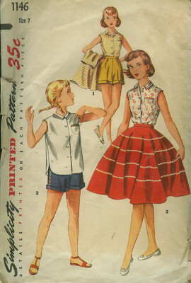 Vintage 1950s Simplicity Pattern 1146 Girl's Blouse, Full Skirt Shorts  (Sz 7)