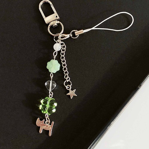 1PC Handmade Lucky Cat Clover Mobile Phone Chain Beaded Pendant Y2K Keychain - Zdjęcie 6 z 7