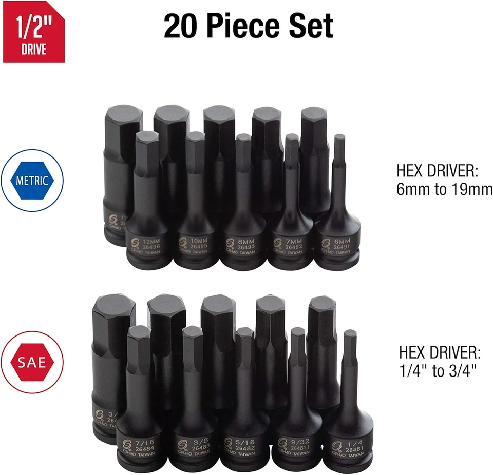 2637, 1/2" Drive Master Impact Hex Driver Set, 20Piece, Sae/Metric, 1/4" - 3/4", - Image 3 of 4
