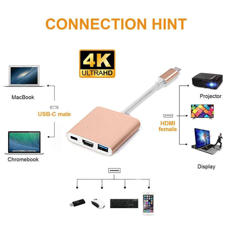 Adaptador convertidor de cable USB-C tipo C a HDMI 4K HDTV TV para LG G5 G6 G7 G8 ThinQ Foto 3 de 4