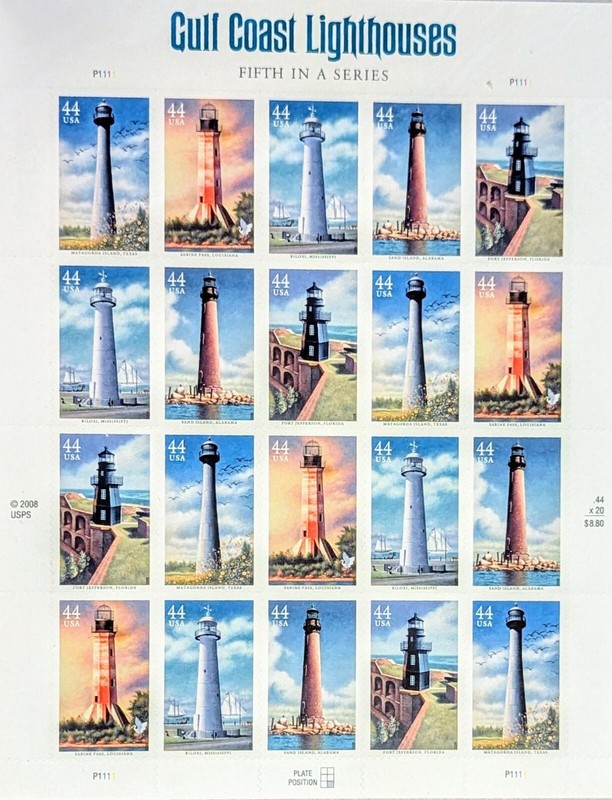 Scott #4409-4413, Gulf Coast Lighthouses Stamps, MintNH, sheet of 20, 2009