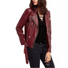 Women Genuine Lambskin Leather Jacket Maroon Slim Fit Biker Motorcycle Jacket