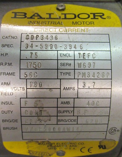 Baldor Reliance CDP3436 Electric DC Direct Motor .75 HP 1750 RPM 180 V 3.7 A 65B - Picture 4 of 4