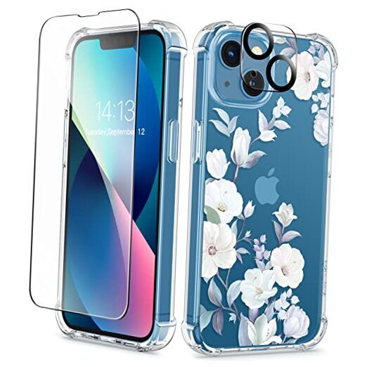 Designed for iPhone 13 Case 6.1 Inch, with Tempered Glass Screen A-Hibiscus