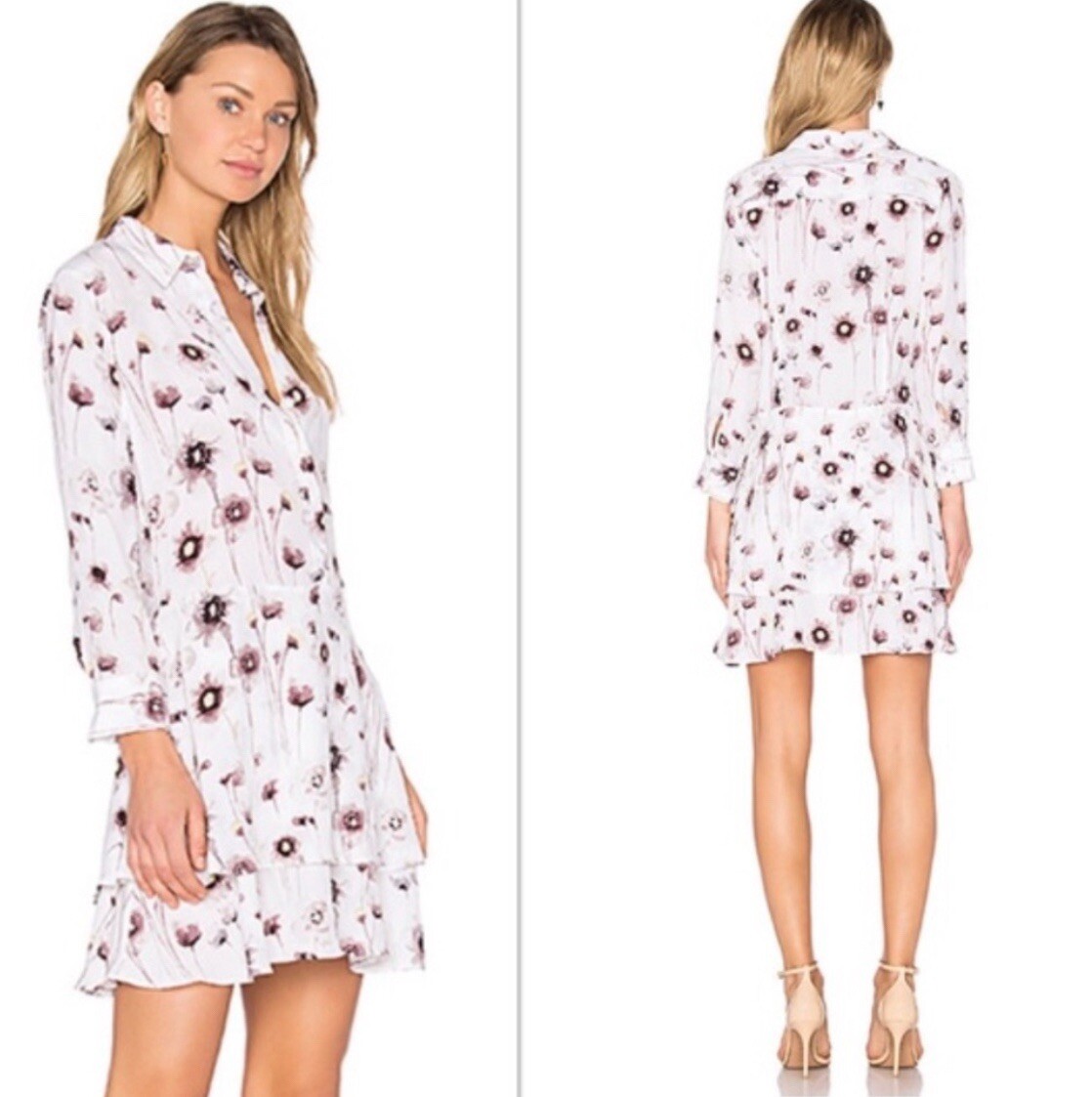100% Silk Shirtdress Size Xs Natalia Floral White Long Sleev