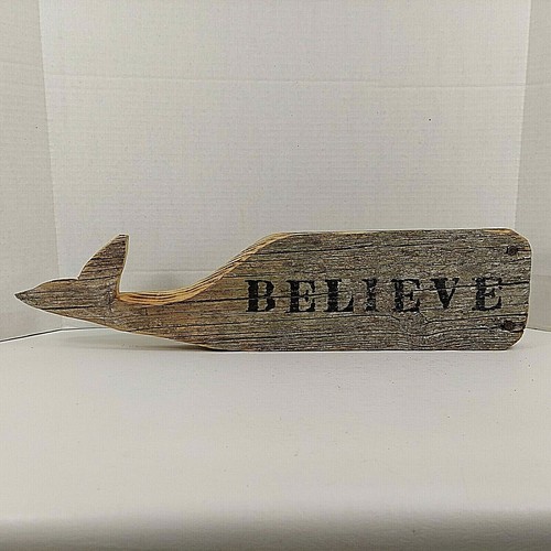 Driftwood Whale Plaque BELIEVE Sign Rustic Beach Cottage Coastal Solid Wood 23" - Picture 7 of 7