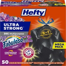 New 50 Bags Hefty Ultra Strong 30 Gallon Trash Bags, Large Trash Bags 30 Gallon
