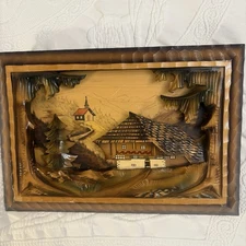 Vintage Black Forest 3D Hand Carved Wooden Wall Art Diorama Chalet Pines Church