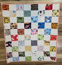 Hand Made Patchwork Reversible Blanket Kids Lap Blanket 38" x 35" Homemade