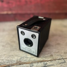 Ansco Shur-Shot Jr. Vintage Box Camera With Black Textured Body  Silver Front