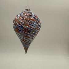 Teardrop Christmas Ornament Hanging Suncatcher Art Glass Hand Blown Orange Blue